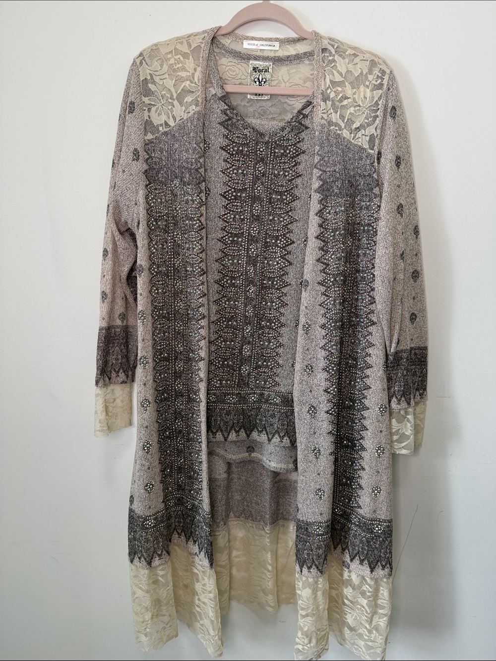 Vocal Neutral Lace Trim Long Cardigan Sweater - Beige and Cream